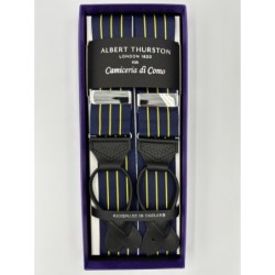 Bretelle a righe Regimental Blu e Giallo con attacco in pelle nera lavorata brogue