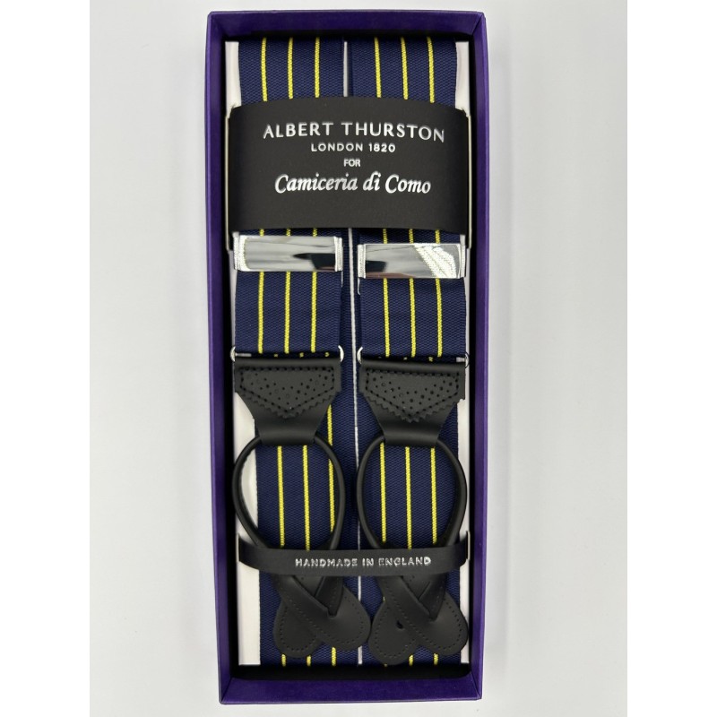 Bretelle a righe Regimental Blu e Giallo con attacco in pelle nera lavorata brogue Bretelle a righe Regimental Blu e Giallo con attacco in pelle nera lavorata brogue