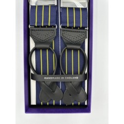 Bretelle a righe Regimental Blu e Giallo con attacco in pelle nera lavorata brogue
