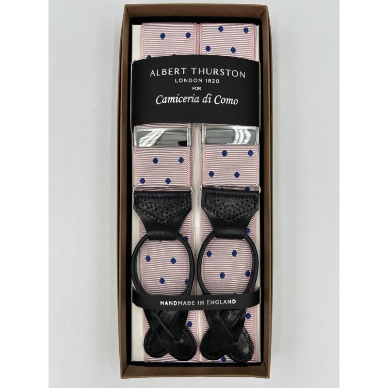 Bretelle Rosa a Pois blu con attacco in pelle nera lavorata brogue Bretelle Rosa a Pois blu con attacco in pelle nera lavorata brogue