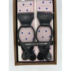 Bretelle Rosa a Pois blu con attacco in pelle nera lavorata brogue