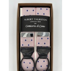 Bretelle Rosa a Pois blu con attacco in pelle nera lavorata brogue