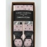 Bretelle Rosa a Pois blu con attacco in pelle nera lavorata brogue