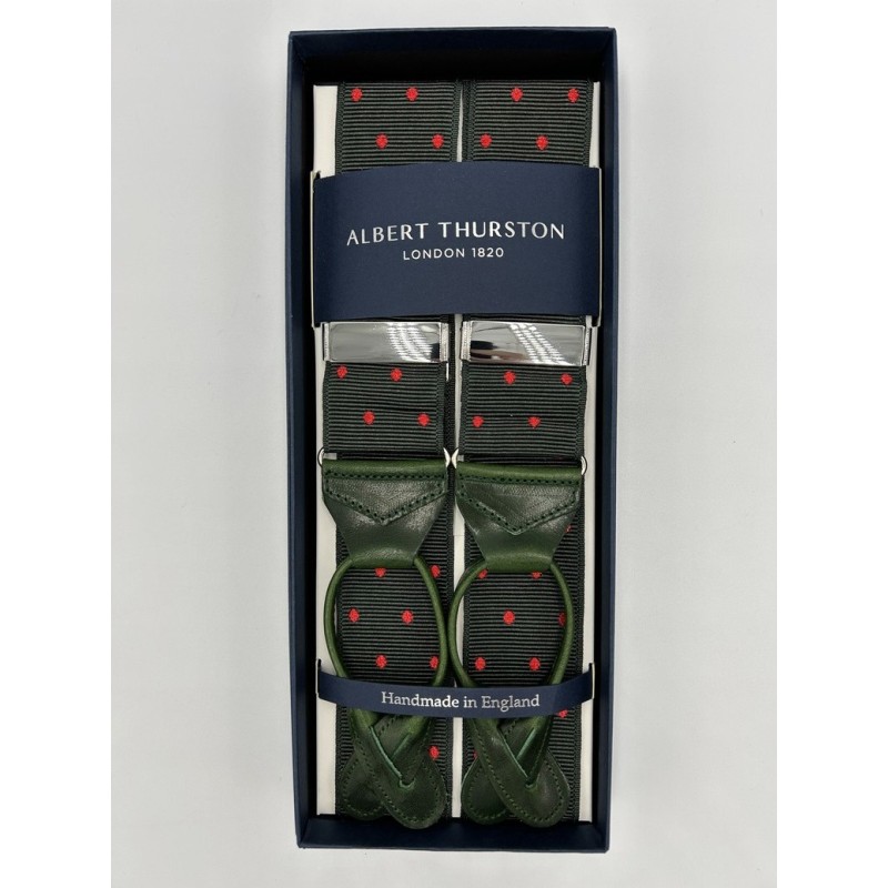 Bretelle a Pois rossi in nastro rigido Barathea verde inglese 40mm Bretelle a Pois rossi in nastro rigido Barathea verde inglese 40mm