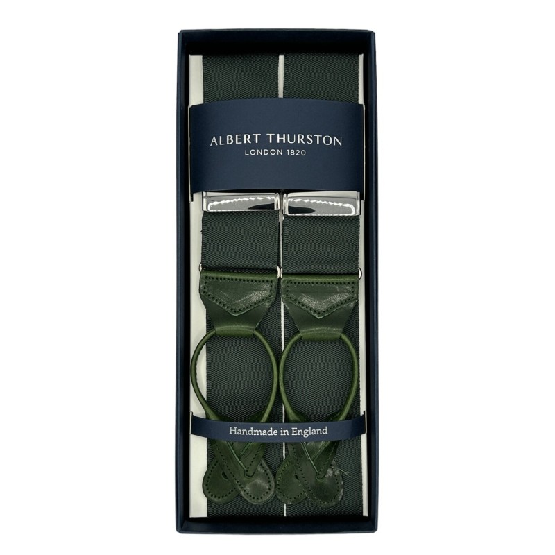Bretelle a Y colore verde Inglese in nastro rigido Barathea 40mm finiture in pelle Bretelle a Y colore verde Inglese in nastro rigido Barathea 40mm finiture in pelle