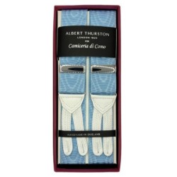 Bretelle Azzurro Moiré in nastro rigido Barathea 40mm con finiture in passamaneria bianca