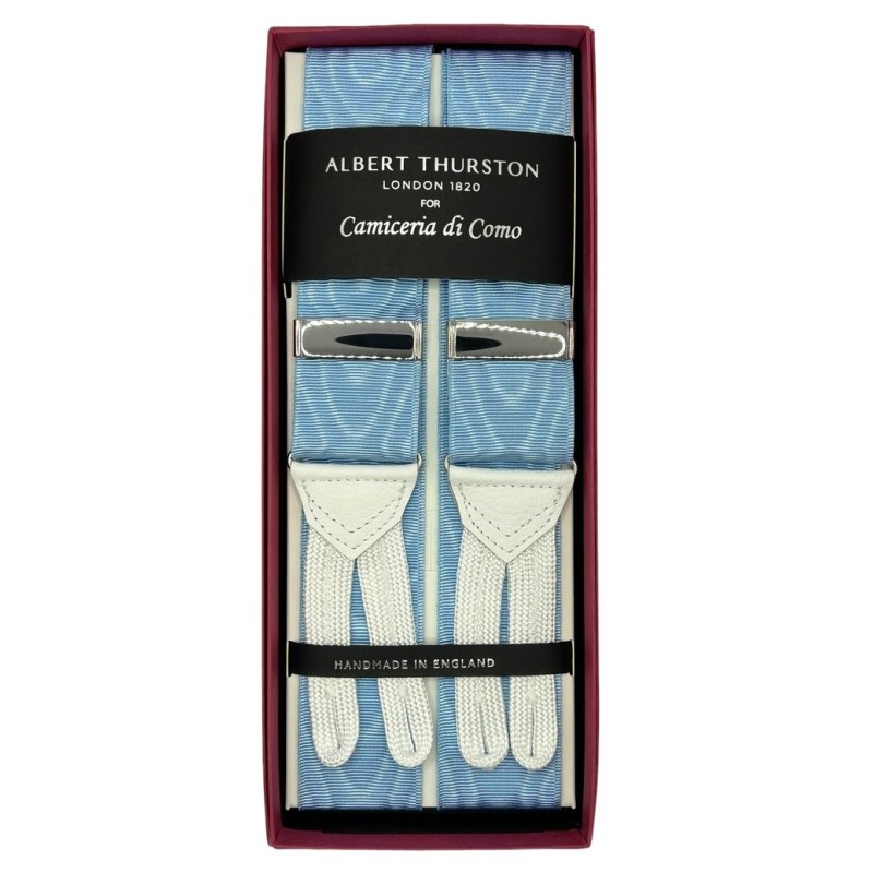 Bretelle Azzurro Moiré in nastro rigido Barathea 40mm con finiture in passamaneria bianca Bretelle Azzurro Moiré in nastro rigido Barathea 40mm con finiture in passamaneria bianca