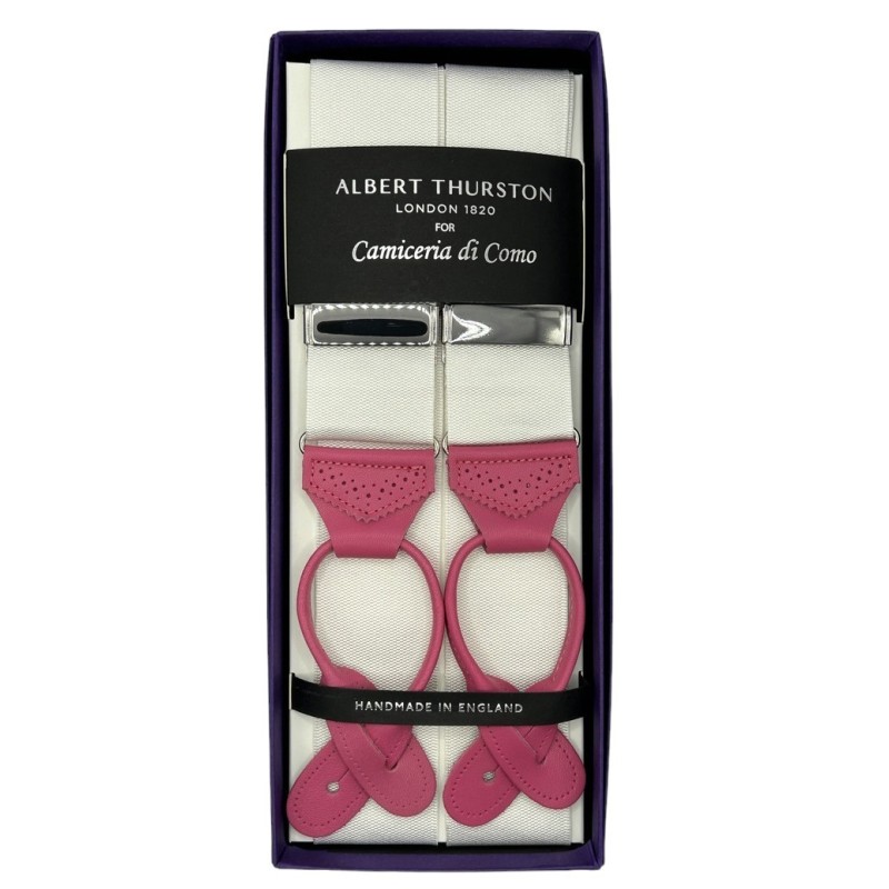 Bretelle Bianche nastro rigido 40mm con finiture in pelle rosa Bretelle Bianche nastro rigido 40mm con finiture in pelle rosa