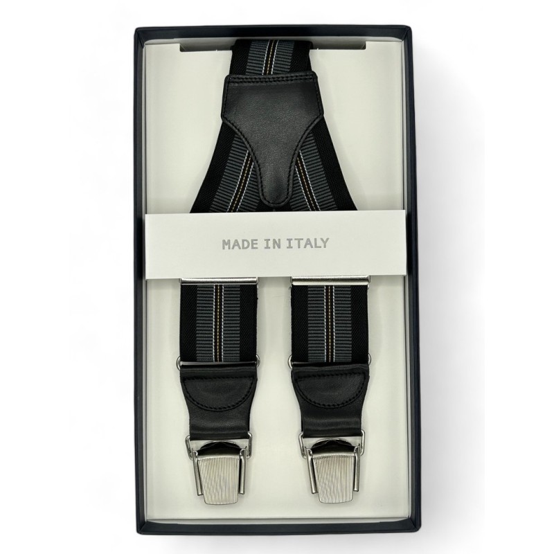 Bretelle elastiche a righe Regimental Nero, grigio, giallo e bianco 35mm 4 clips Bretelle elastiche a righe Regimental Nero, grigio, giallo e bianco 35mm 4 clips