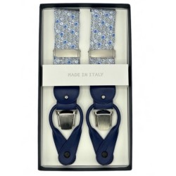 Bretelle in cotone Made in Italy fantasia bianco / azzurro inserti in pelle blu attacco 2 in 1