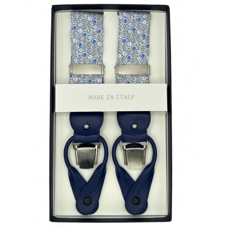 Bretelle in cotone Made in Italy fantasia bianco / azzurro inserti in pelle blu attacco 2 in 1 Bretelle in cotone Made in Italy fantasia bianco / azzurro inserti in pelle blu attacco 2 in 1
