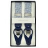 Bretelle in cotone Made in Italy fantasia bianco / azzurro inserti in pelle blu attacco 2 in 1