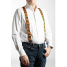 Bretelle Albert Thurston a righe orizzontali arancione/verde con attacco 2 in 1 indossate su camicia bianca e jeans