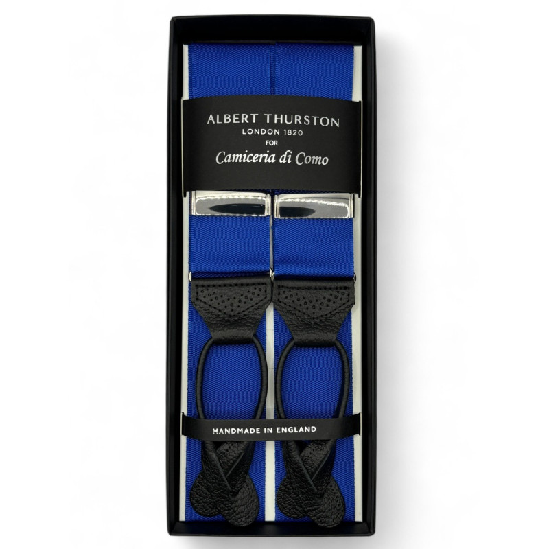Bretelle a Y colore blu royal in nastro rigido Barathea 40mm finiture in pelle Bretelle a Y colore blu royal in nastro rigido Barathea 40mm finiture in pelle