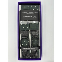 Bretelle a Y a Pois in nastro verde Inglese con lavorazione Brogue, finiture in pelle nera