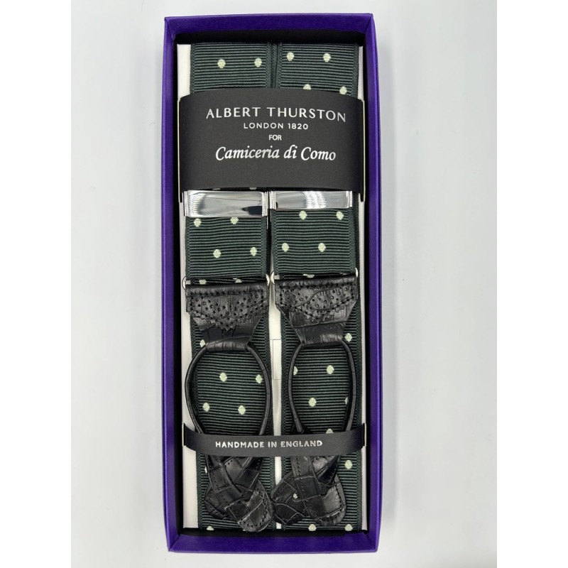 Bretelle a Y a Pois in nastro verde Inglese con lavorazione Brogue, finiture in pelle nera Bretelle a Y a Pois in nastro verde Inglese con lavorazione Brogue, finiture in pelle nera