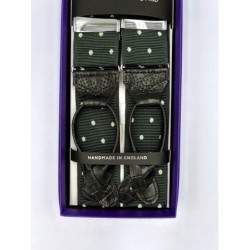 Bretelle a Y a Pois in nastro verde Inglese con lavorazione Brogue, finiture in pelle nera