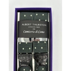 Bretelle a Y a Pois in nastro verde Inglese con lavorazione Brogue, finiture in pelle nera