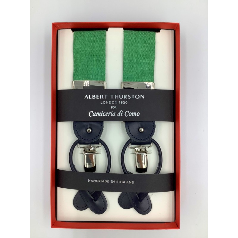 Bretelle a Y in Lino Verde Smeraldo con attacco 2 in 1 in pelle blu Bretelle a Y in Lino Verde Smeraldo con attacco 2 in 1 in pelle blu